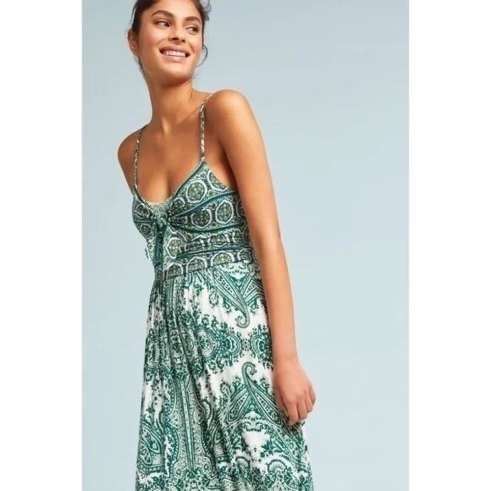 Anthropologie MOULINETTE SOEURS Brisbane Green Paisley Maxi Dress Knit Medium - Picture 5 of 16
